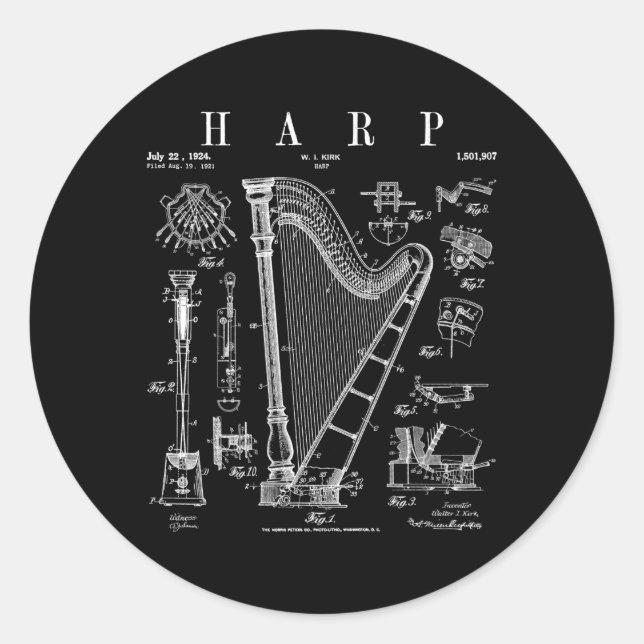 Pegatina Redonda Impresión de dibujo de Harp Patent Harpist (Anverso)