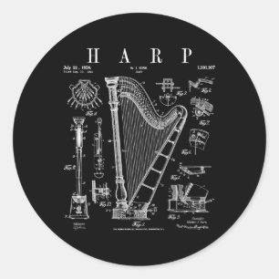 Pegatina Redonda Impresión de dibujo de Harp Patent Harpist