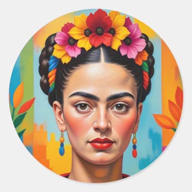Pegatina Redonda Impresión de Frida Kahlo (Anverso)