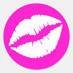 Pegatina Redonda Impresión de labial rosa neón y blanco