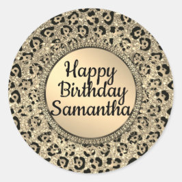 Pegatina Redonda Impresión de leopardo Purpurina de oro de Glam