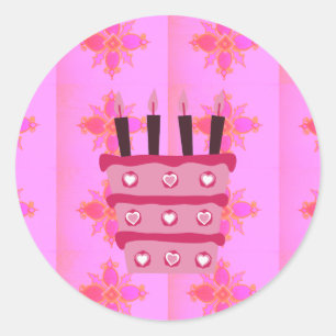 Pegatina Redonda Impresión de tarta de cumpleaños rosada