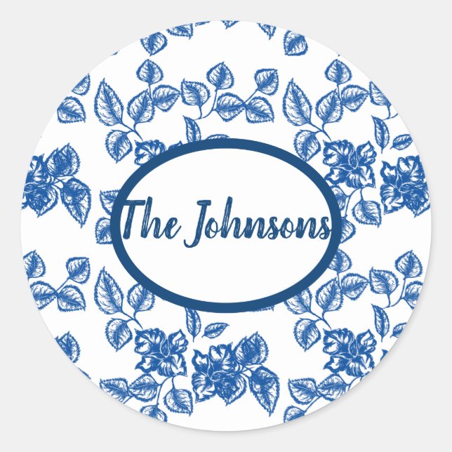 Pegatina Redonda Impresión floral azul Delft-LIke (Anverso)