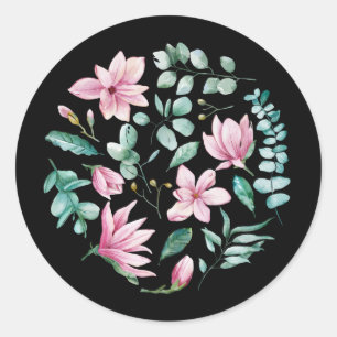 Pegatina Redonda Impresión floral de magnolia sobre negro 