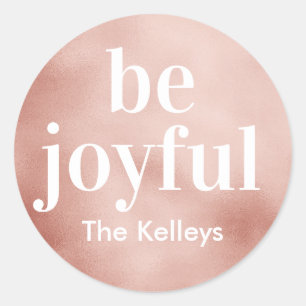 Pegatina Redonda Impresión Mod Be Joyful Holiday Tag Faux Rosegold 