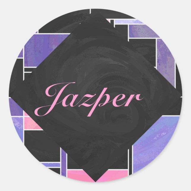 Pegatina Redonda Impresión negra mondriana morada rosada (Anverso)