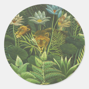 Pegatina Redonda Impresión vintage de león en jungla tropical de He
