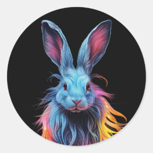 Pegatina Redonda Impresionante conejo azul en llamas