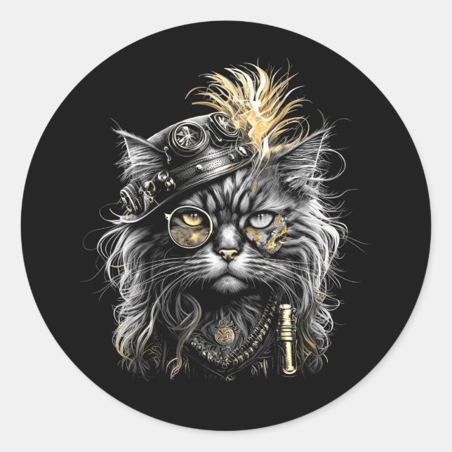 Pegatina Redonda Impresionante gato steampunk  (Anverso)