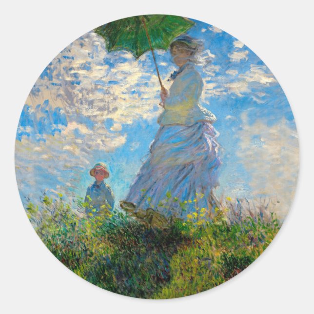 Pegatina Redonda Impresionismo de Monet Woman Parasol (Anverso)