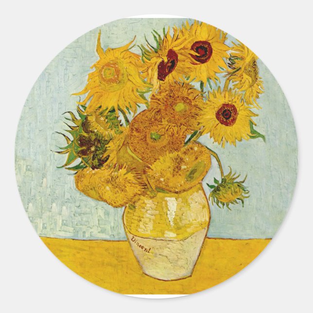 Pegatina Redonda Impresionista de Vincent Van Gogh 12 Sunflowers (Anverso)