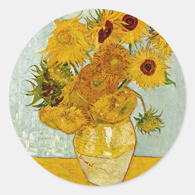 Pegatina Redonda Impresionista de Vincent Van Gogh 12 Sunflowers (Anverso)