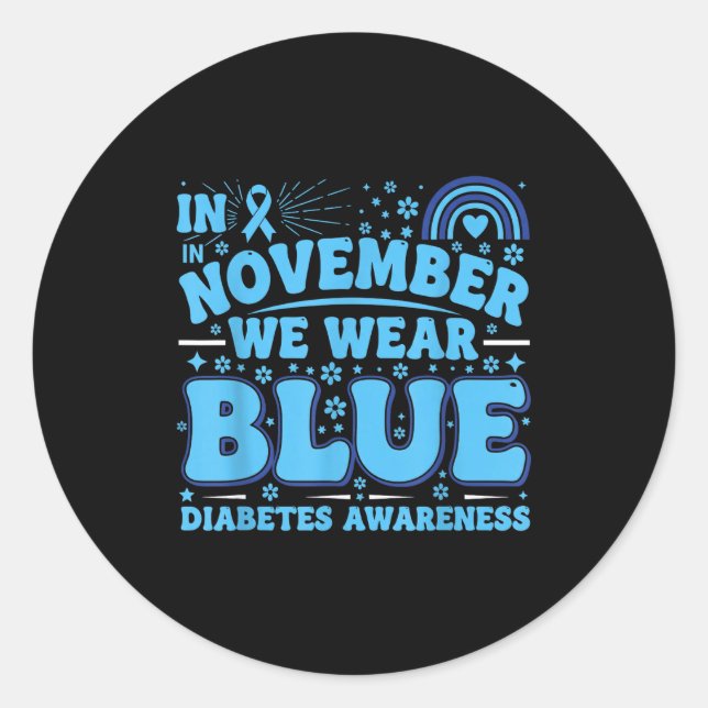 Pegatina Redonda In November We Wear Blue Diabetes Awareness Ribbon (Anverso)