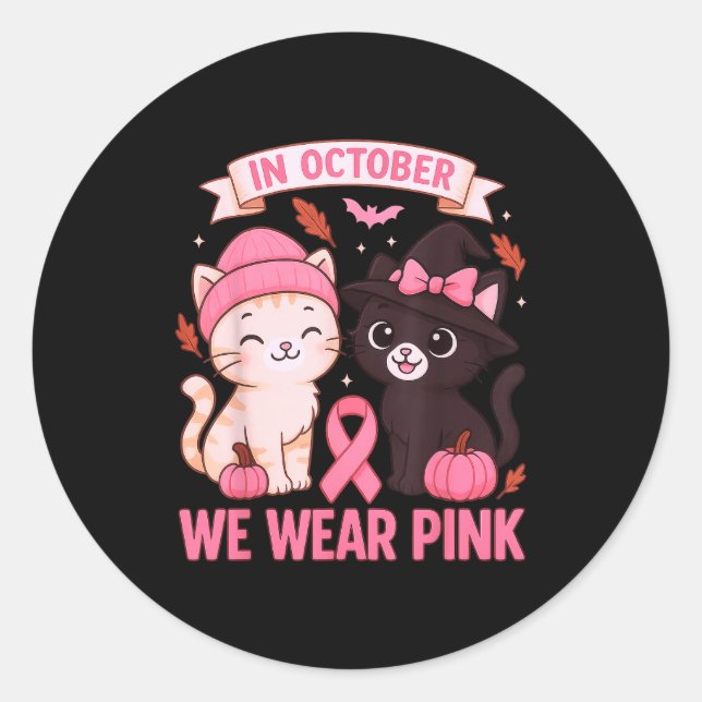 Pegatina Redonda In October We Wear Nk Cute Cat Breast Cancer Aware (Anverso)