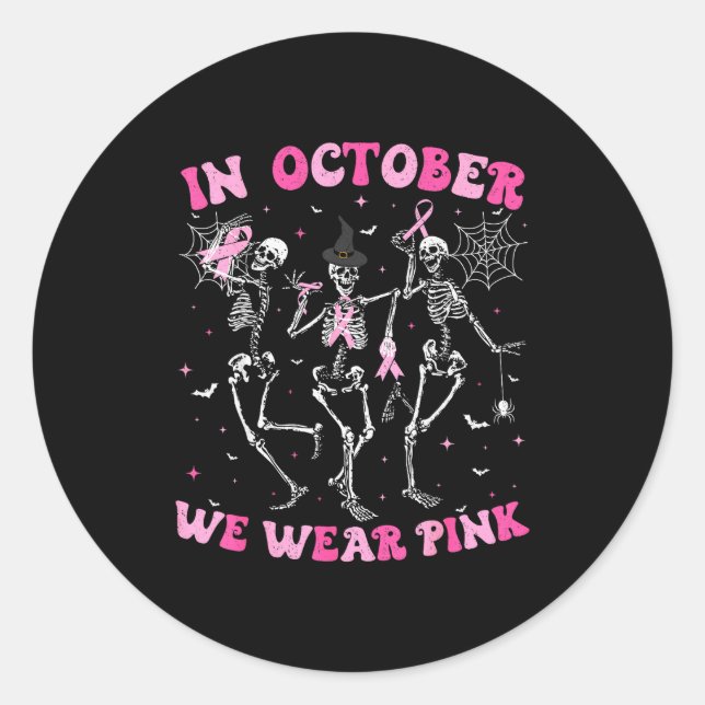 Pegatina Redonda In October We Wear Nk Halloween Breast Cancer Skel (Anverso)