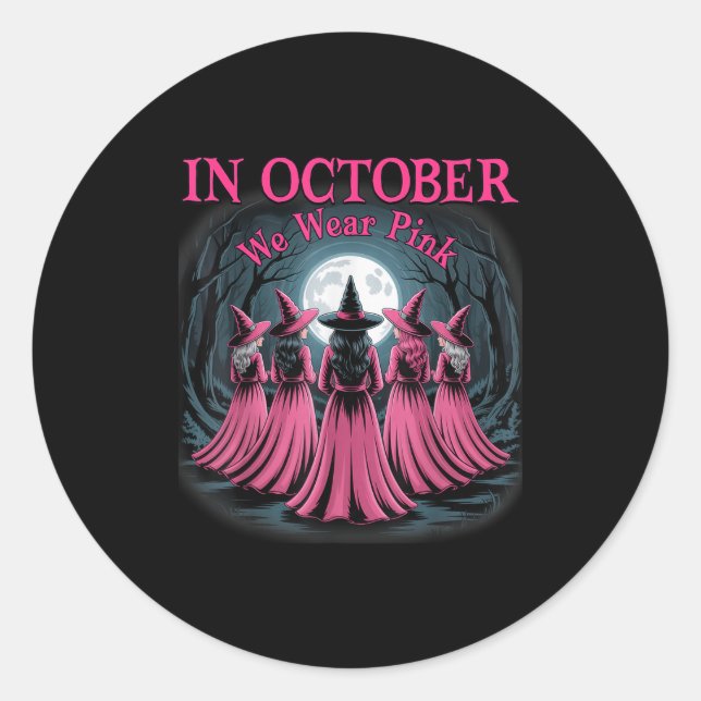 Pegatina Redonda In October We Wear Nk Witch Halloween Breast Cance (Anverso)