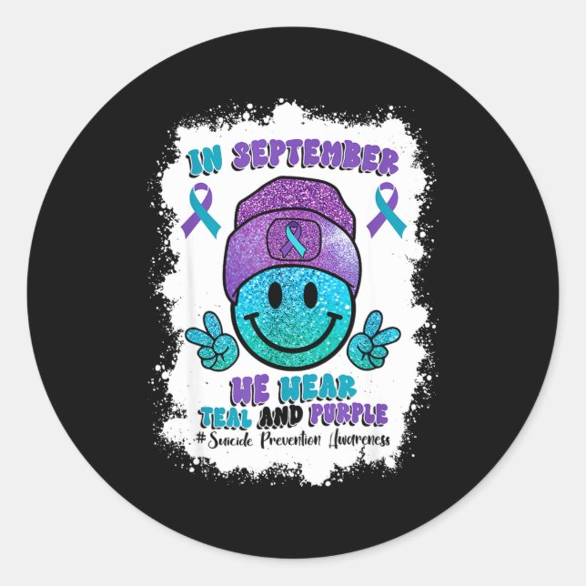 Pegatina Redonda In September We Wear Teal Purple Ribbon Suicide Pr (Anverso)