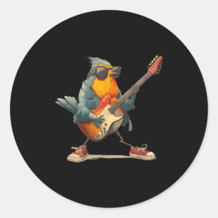 Pegatina Redonda Increíble pájaro Robin con guitarra eléctrica para