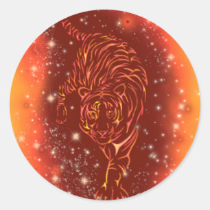 Pegatina Redonda Increíble Tigre De Fuego Corriendo En La Noche De 