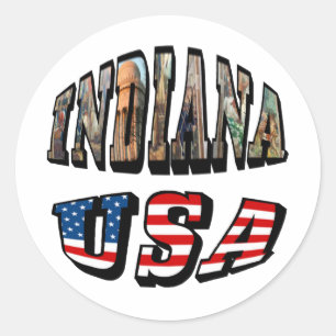 Pegatina Redonda Indiana Picture and USA Flag Text