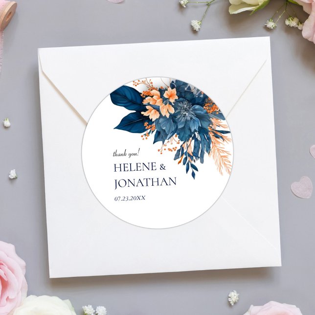 Pegatina Redonda Indigo Floral Boda Gracias (Indigo Floral Wedding Thank You Classic Round Sticker)