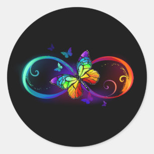 Pegatina Redonda Infinidad vibrante con mariposa arco iris sobre ne