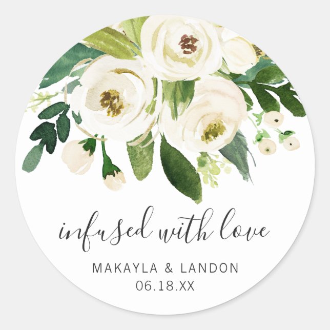 Pegatina Redonda Infundido Con Amor Elegante Boda Floral Blanco (Anverso)
