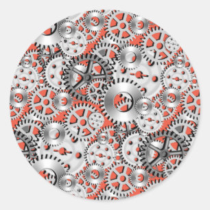 Pegatina Redonda Ingeniería Mecánica Steampunk Naranja de Plata