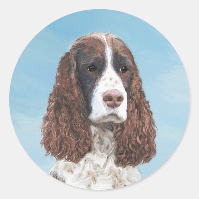 Pegatina Redonda Inglés Springer Spaniel Pintura Original Perro Art (Anverso)