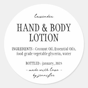 Pegatina Redonda Ingredientes básicos de loción corporal para manos