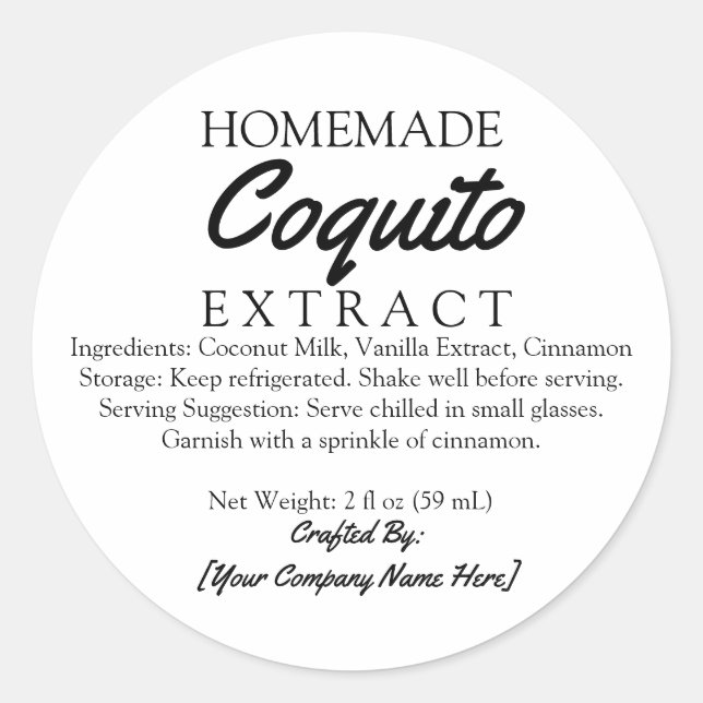 Pegatina Redonda Ingredientes de extracto de Coquito casero (Anverso)