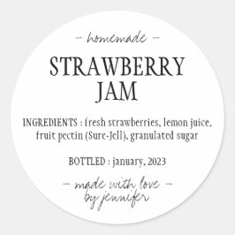 Pegatina Redonda Ingredientes de Mermelada Casera de Fresa