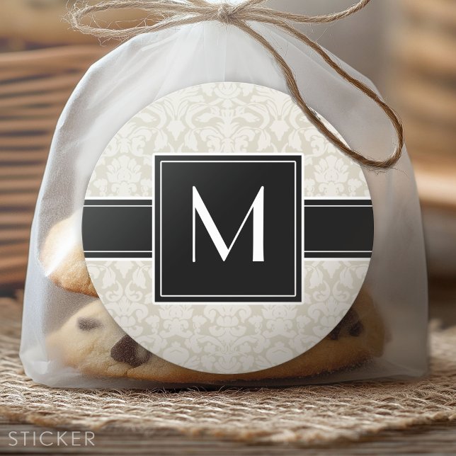 Pegatina Redonda Inicial con damasco marfil beige (Custom Sticker)