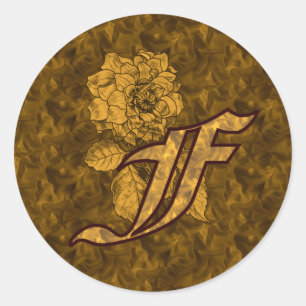 Pegatina Redonda Inicial de monograma F Elegante Flor de Peonía Dor