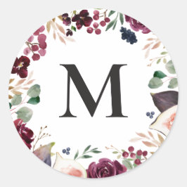 Pegatina Redonda Inicial floral acuarela púrpura y rosa