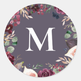 Pegatina Redonda Inicial floral en acuarela púrpura y rosa