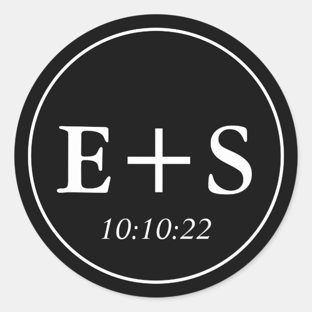 Pegatina Redonda Inicial |Sello para sobres Boda blanco y negro (Anverso)