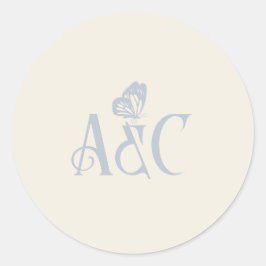 Pegatina Redonda Iniciales bodas con crema de mariposa y azul