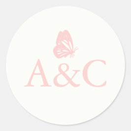 Pegatina Redonda Iniciales bodas con crema de mariposa y rosa