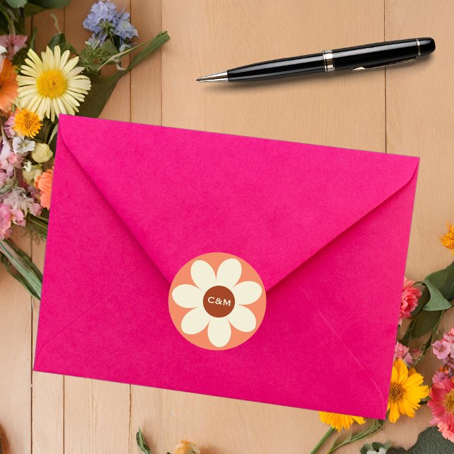Pegatina Redonda Iniciales Bodas de Boho de Flores Retro Daisy (Subido por el creador)
