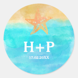 Pegatina Redonda Iniciales Bodas Starfish de acuarelas