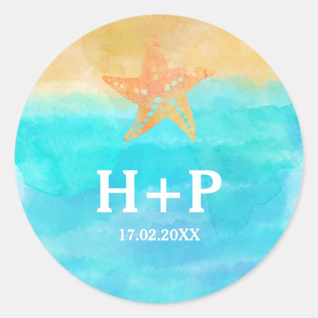 Pegatina Redonda Iniciales Bodas Starfish de acuarelas (Anverso)