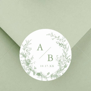 Pegatina Redonda Iniciales de Boda Victorianas Toile Verde Salvia