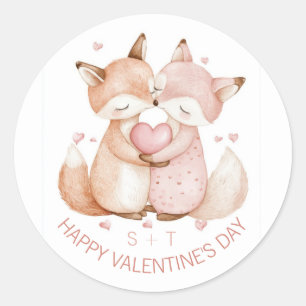 Pegatina Redonda Iniciales de el día de San Valentín Cute Fox Coupl