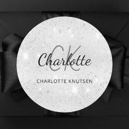 Pegatina Redonda iniciales de monograma con brillo plateado nombre