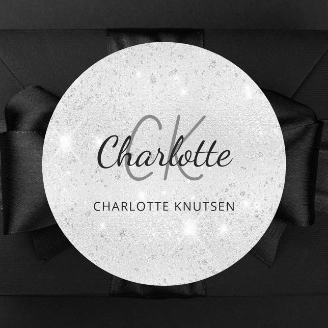 Pegatina Redonda iniciales de monograma con brillo plateado nombre (Subido por el creador)