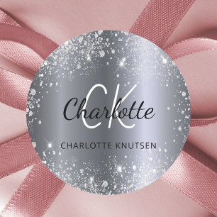 Pegatina Redonda Iniciales de monograma de nombre con brillo platea