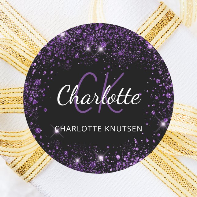 Pegatina Redonda Iniciales de monograma de nombre con polvo de purp (Subido por el creador)