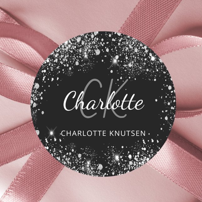 Pegatina Redonda Iniciales de monograma de nombre en brillo platead (Subido por el creador)