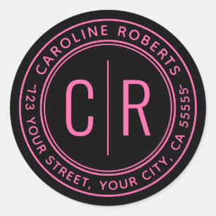 Pegatina Redonda Iniciales de monograma dirección de retorno rosa c